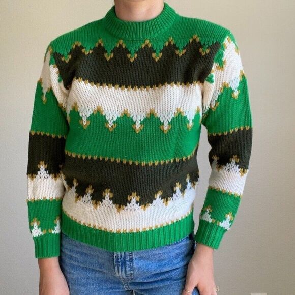 Vintage Nan Dorsey 1970s Retro Striped Chunky Wool Green Preppy Sweater Sz M - Picture 1 of 9